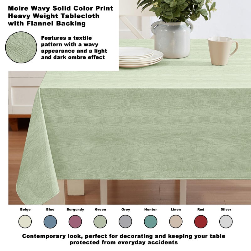 Newbridge Vinyl Flannel Backed Tablecloth, 60 x 102 Inch Rectangle, Sage Green Moire Wavy Solid Design, Heavyweight Indoor Outdoor Waterproof Table Cover, Easy Care Wipe Clean - Image 2
